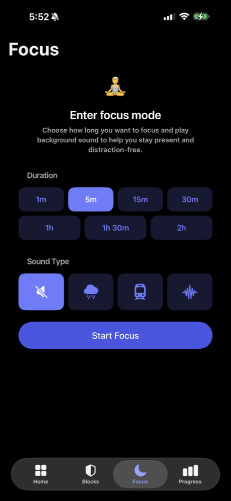 Tysh Focus screen with duration and sound type controls.